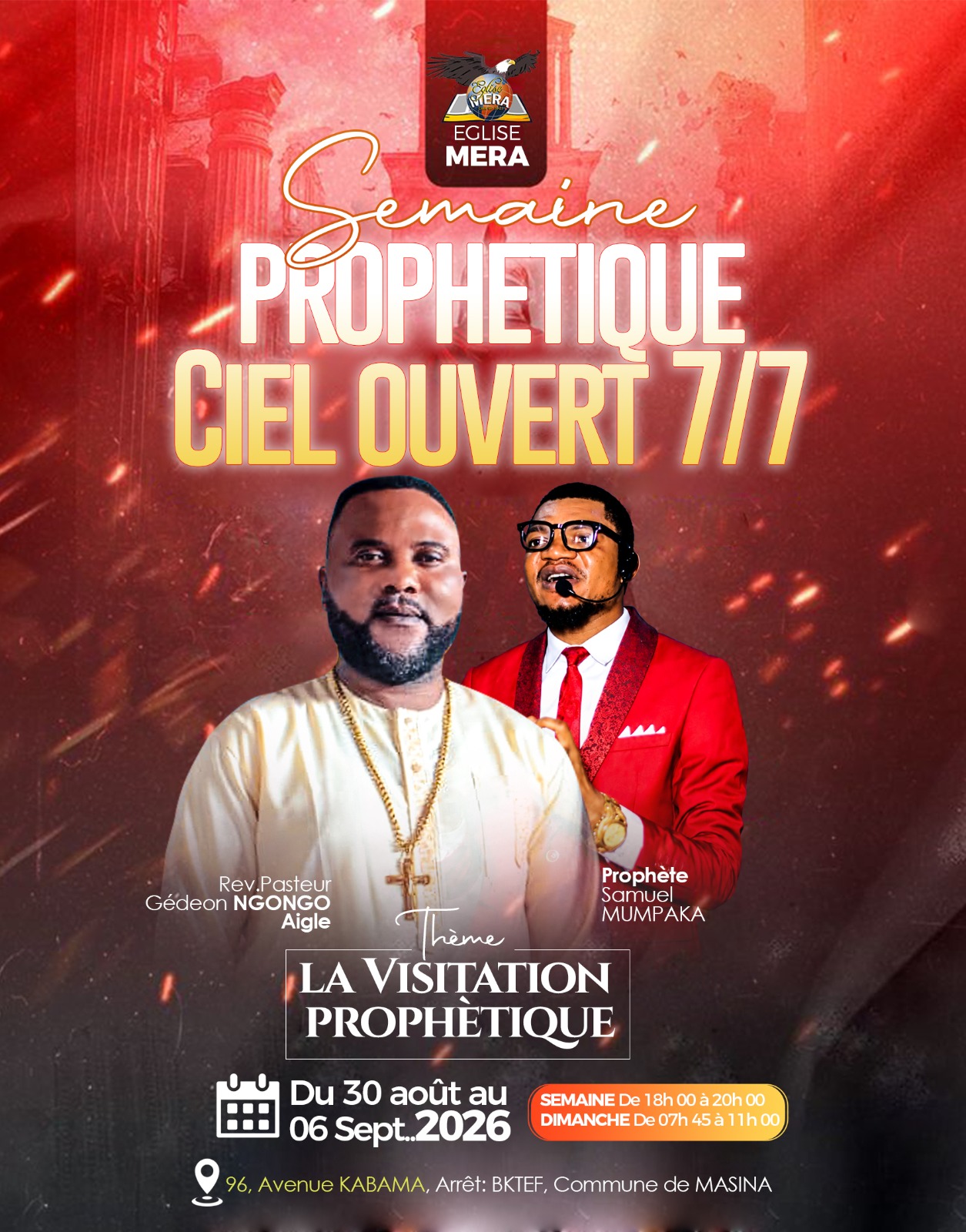 Affiche de la Semaine Prophétique « Ciel Ouvert 7/7 » — du 30 août au 6 septembre 2026, 96 Avenue Kabama, Masina